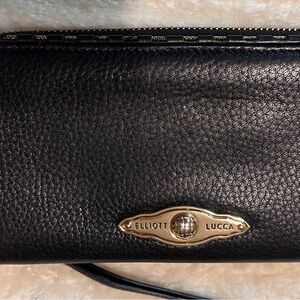 Elliott Lucca Black Calf Leather Clutch with Gold Accents